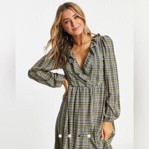 ASOS Curve midi smock dress with ruffle neckline - dark gray & green Size 16